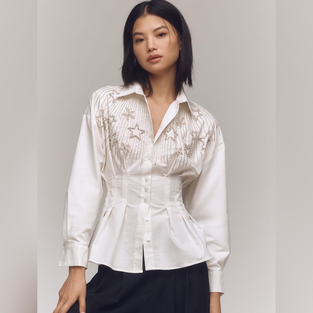 NWT Anthropologie Tobie Pleated Blouse by Exquise: Long Sleeve Star Edition - 3x